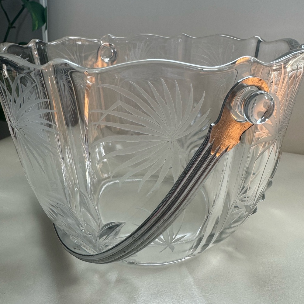 1950s Vintage Fostoria Lido Ice Bucket with etched glass and chrome handle